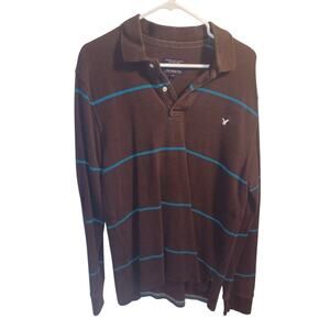 American Eagle Shirt mens Large Brown Striped Polo Long Sleeve